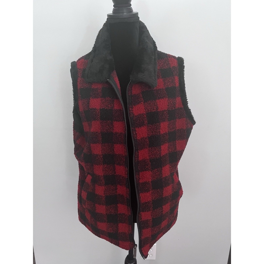 WOOLRICH WOMEN'S RED BLACK BUFFALO PLAID COLLARED FULL ZIP POCKETS VEST SZ XL